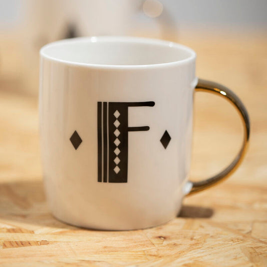Diamond Deco White Monogram Mug, F