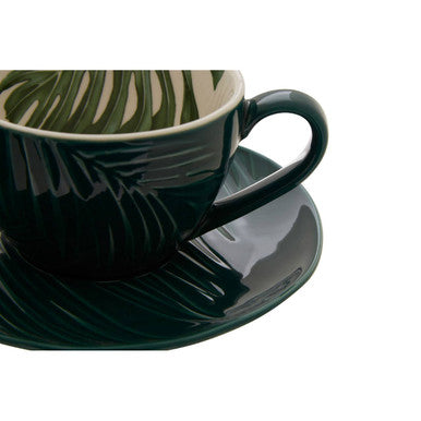 Bali Dark Green Cup And Saucer with Leaf Design