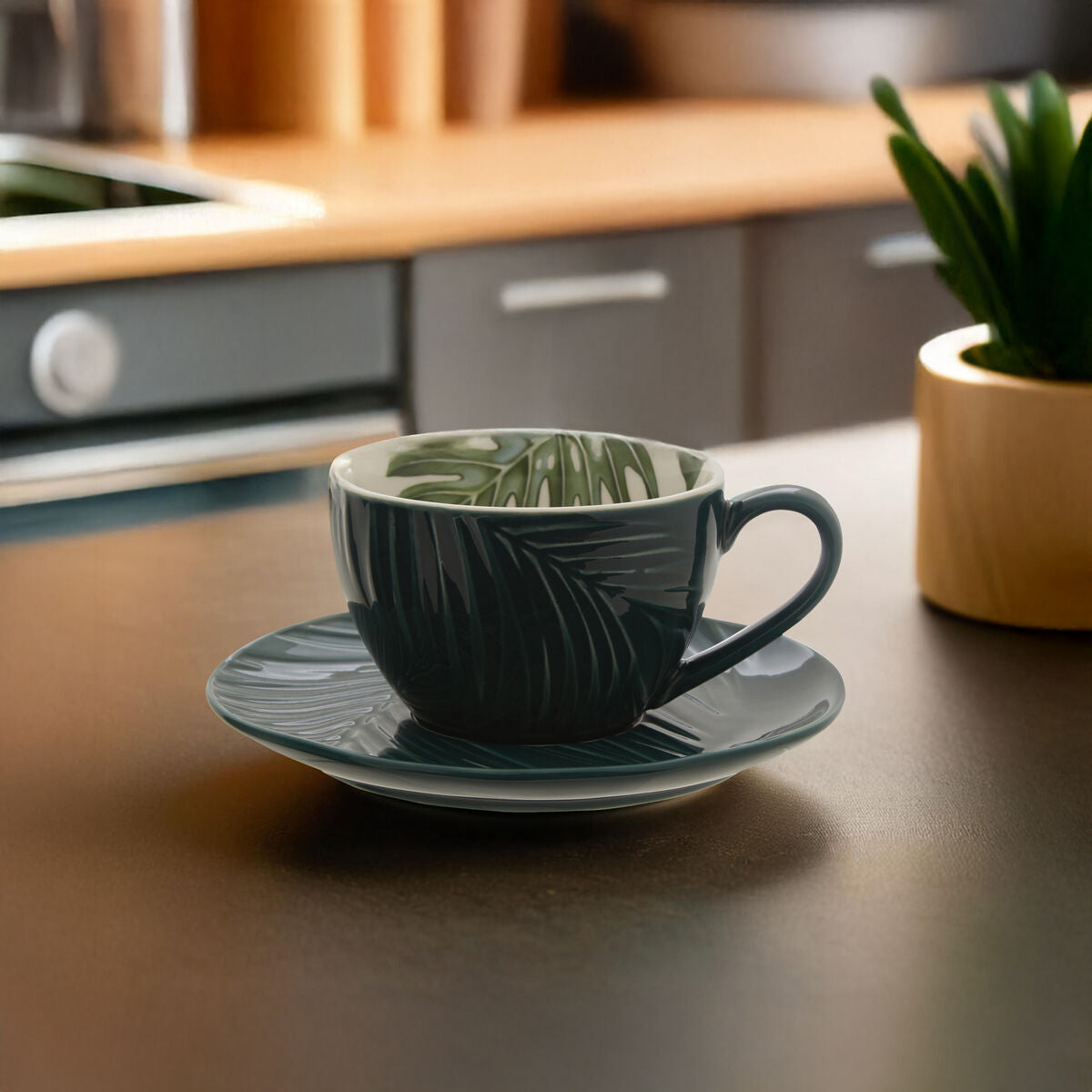 Bali Dark Green Cup And Saucer with Leaf Design