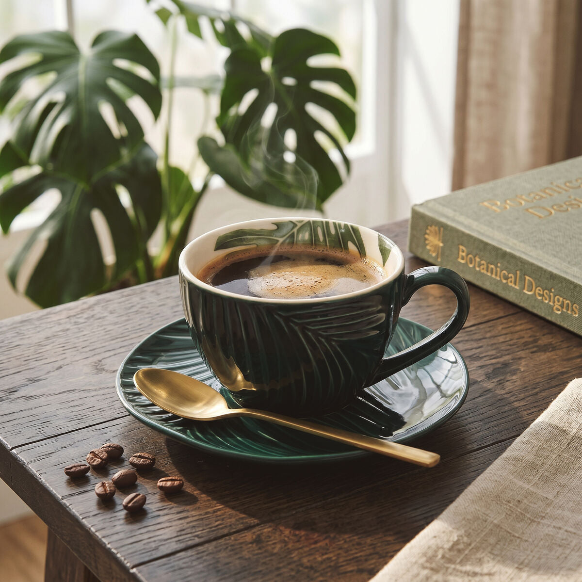 Bali Dark Green Cup And Saucer with Leaf Design