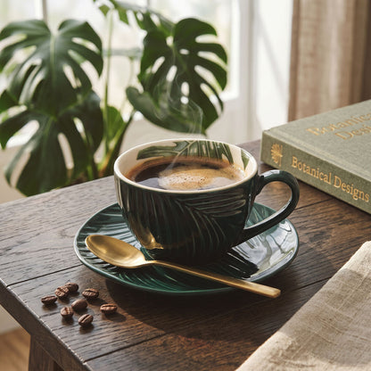 Bali Dark Green Cup And Saucer with Leaf Design