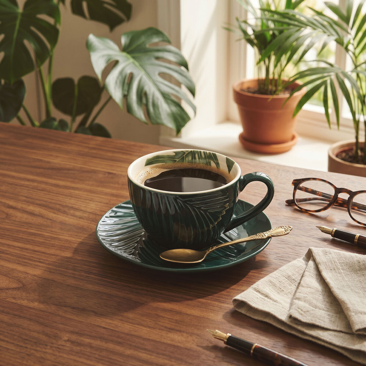 Bali Dark Green Cup And Saucer with Leaf Design