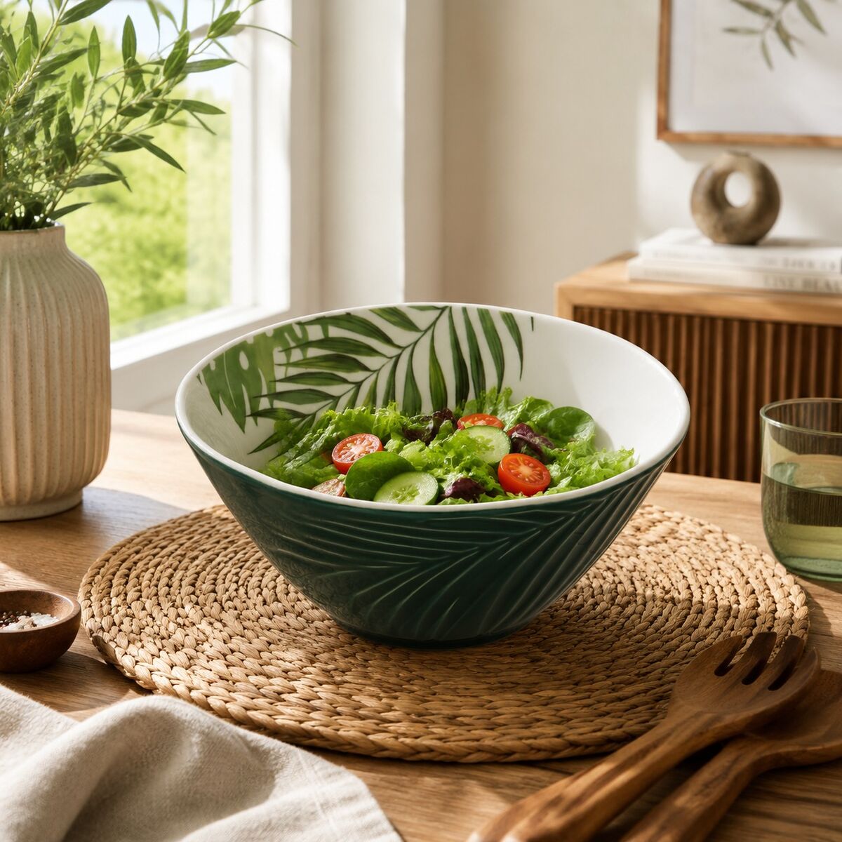 Bali Dark Green Medium Salad Bowl with Leaf Design