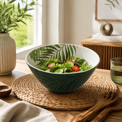 Bali Dark Green Medium Salad Bowl with Leaf Design