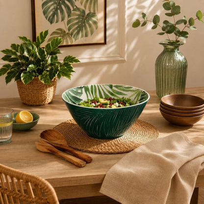 Bali Dark Green Large Salad Bowl with Leaf Design
