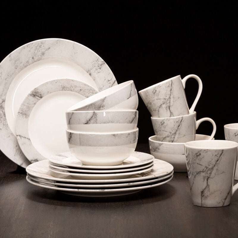 Avie 16 Piece White And Grey Marble Effect Dinner Set