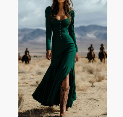 Retro Western Style Button Pleated Long Sleeve Sexy Dress