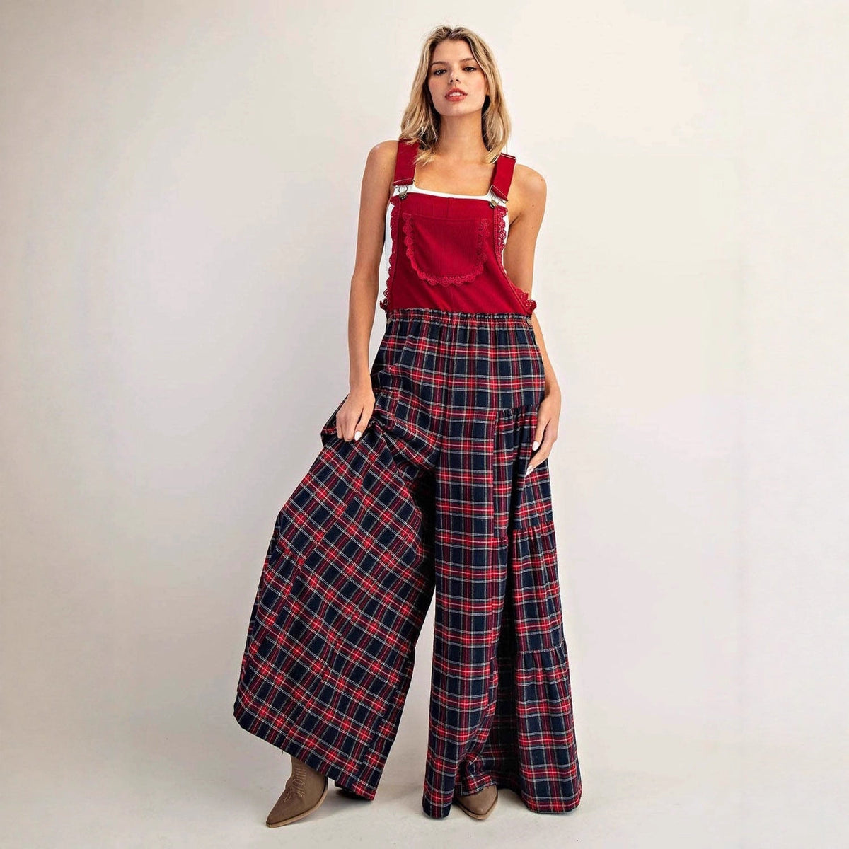Women's Fashionable Loose-fit Slimming Plaid Overalls Pants