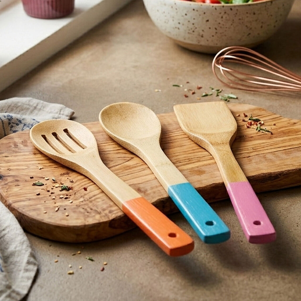 Aleki 3pc Bamboo Kitchen Utensil Set With Coloured Handles