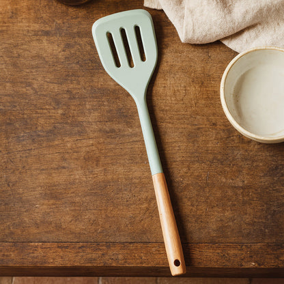 Nova Sage Green Silicone Slotted Turner With Wood Handle
