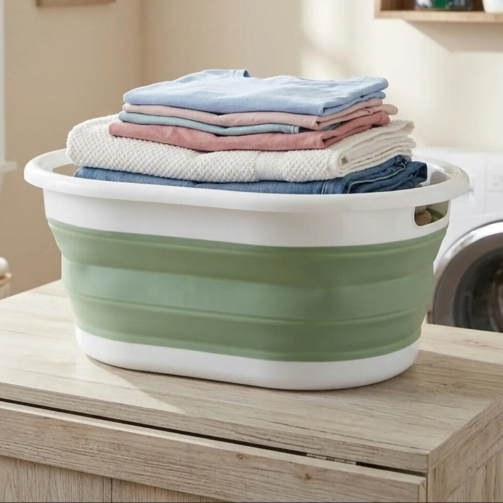 Averill Oval Collapsible Laundry Basket In Green And White