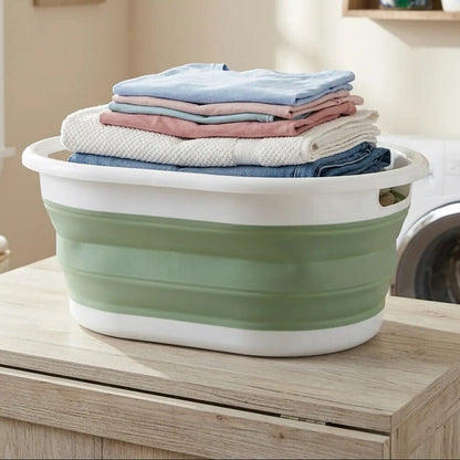 Averill Oval Collapsible Laundry Basket In Green And White