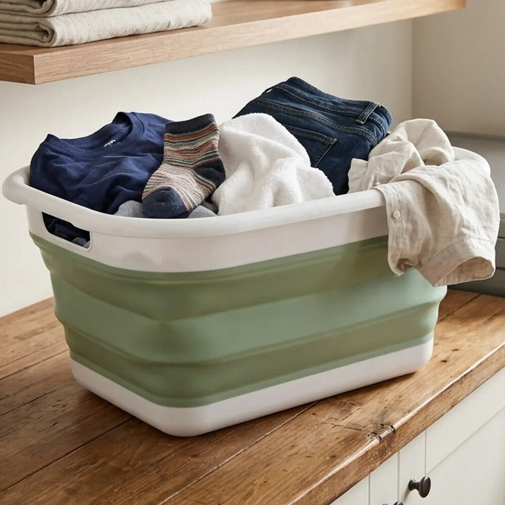 Averill Collapsible Green White Laundry Basket