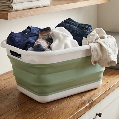 Averill Collapsible Green White Laundry Basket