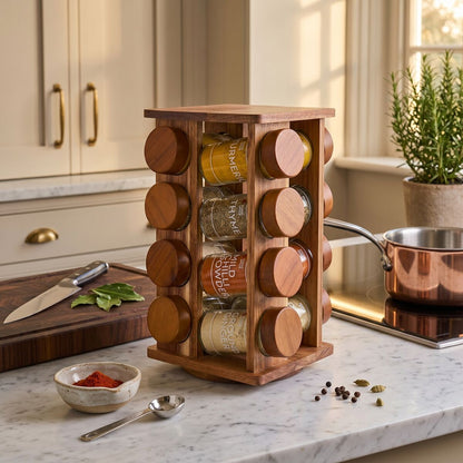 Puro Acacia Wood Revolving Spice Rack with 16 Jars