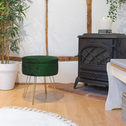 Green Round Velvet Storage Footstool