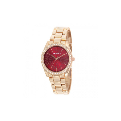 Henley Ladies Bling Etched Patterned Red Dial & RoseGold Bracelet Watch H07326.40