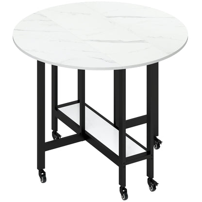 HOMCOM Folding Dining Table, Drop Leaf Table with Open Shelf, Rolling Kitchen Table for Dining Room, Small Spaces, White Marble