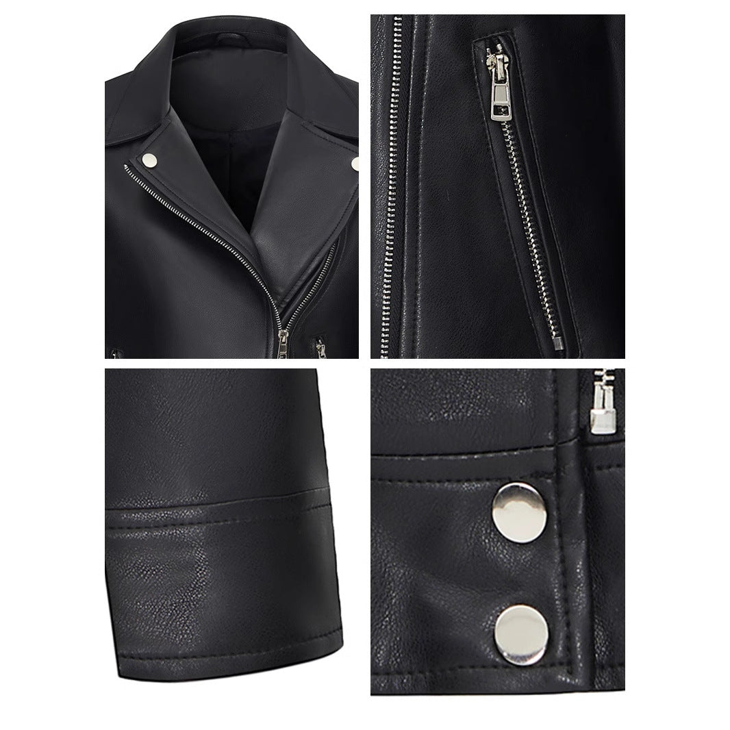 Women's Short Leather Jacket With A Turn-down Collar
