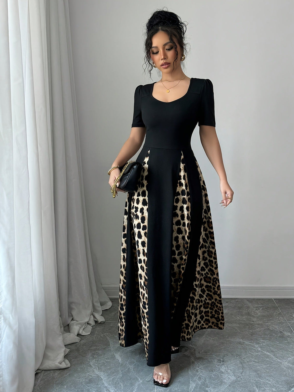 Women's Leopard-print Contrast-color Dress