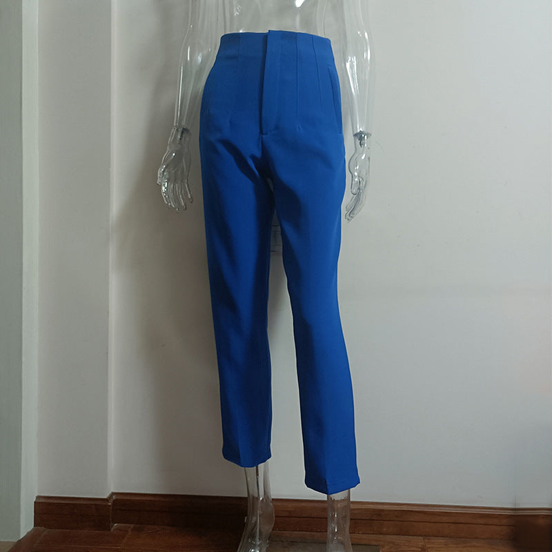 Pleated Casual High Waist Pure Color Slim-fit Basic Pants