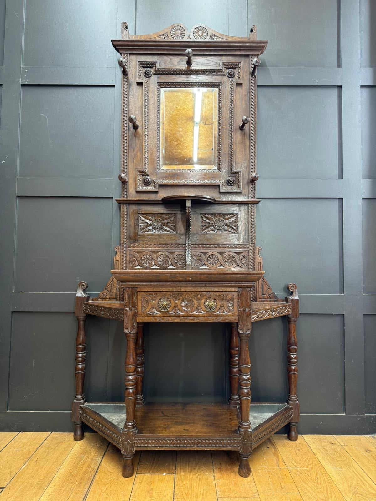 Antique Oak Hallway Coat & Hat Stand with Mirror and Storage