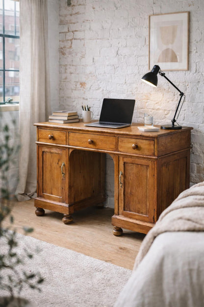 Antique Pine Pedestal Desk Dressing Table with Cupboards & Drawers