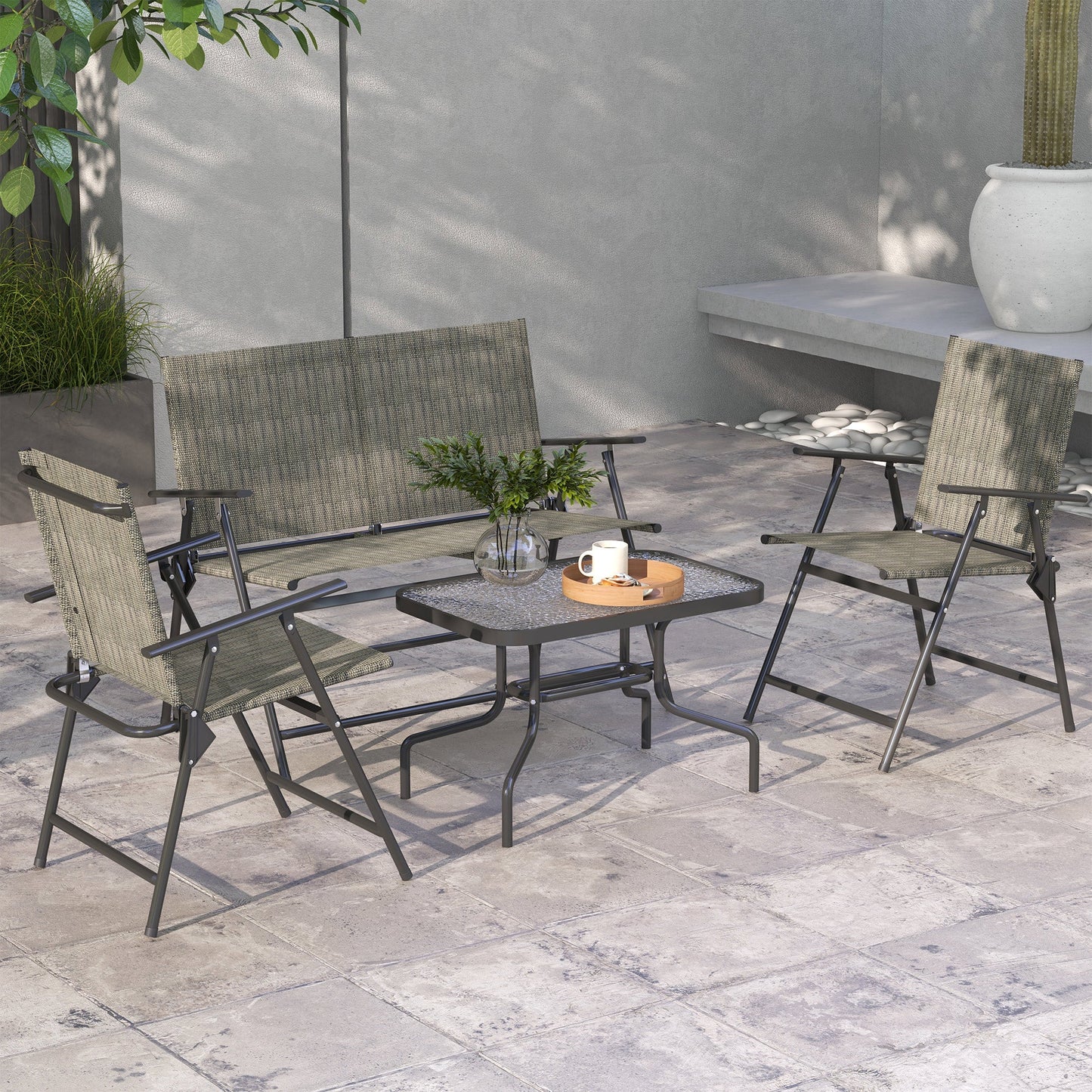 Outsunny Outdoor\'c2\'a04 Pieces Patio Furniture Set with Breathable Mesh Fabric\'c2\'a0Seat & Backrest,\'c2\'a0Garden Set with Two Foldable Armchairs, a Loveseat &\'c2\'a0Glass\'c2\'a0Top\'c2\'a0Table, Mixed Brown