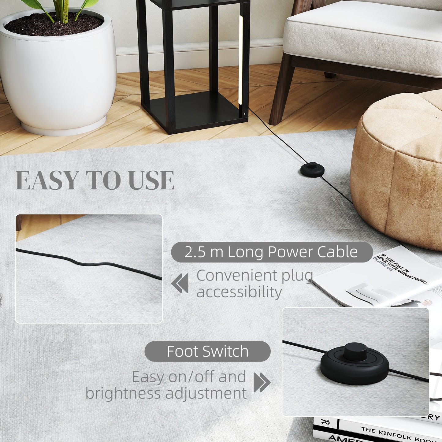 HOMCOM Floor Lamp with Shelves, 4 Layer Dimmable Column Modern Standing Lamp with 3 Brightness Levels and Foot Switch for Living Room, Bedroom, Office, Black
