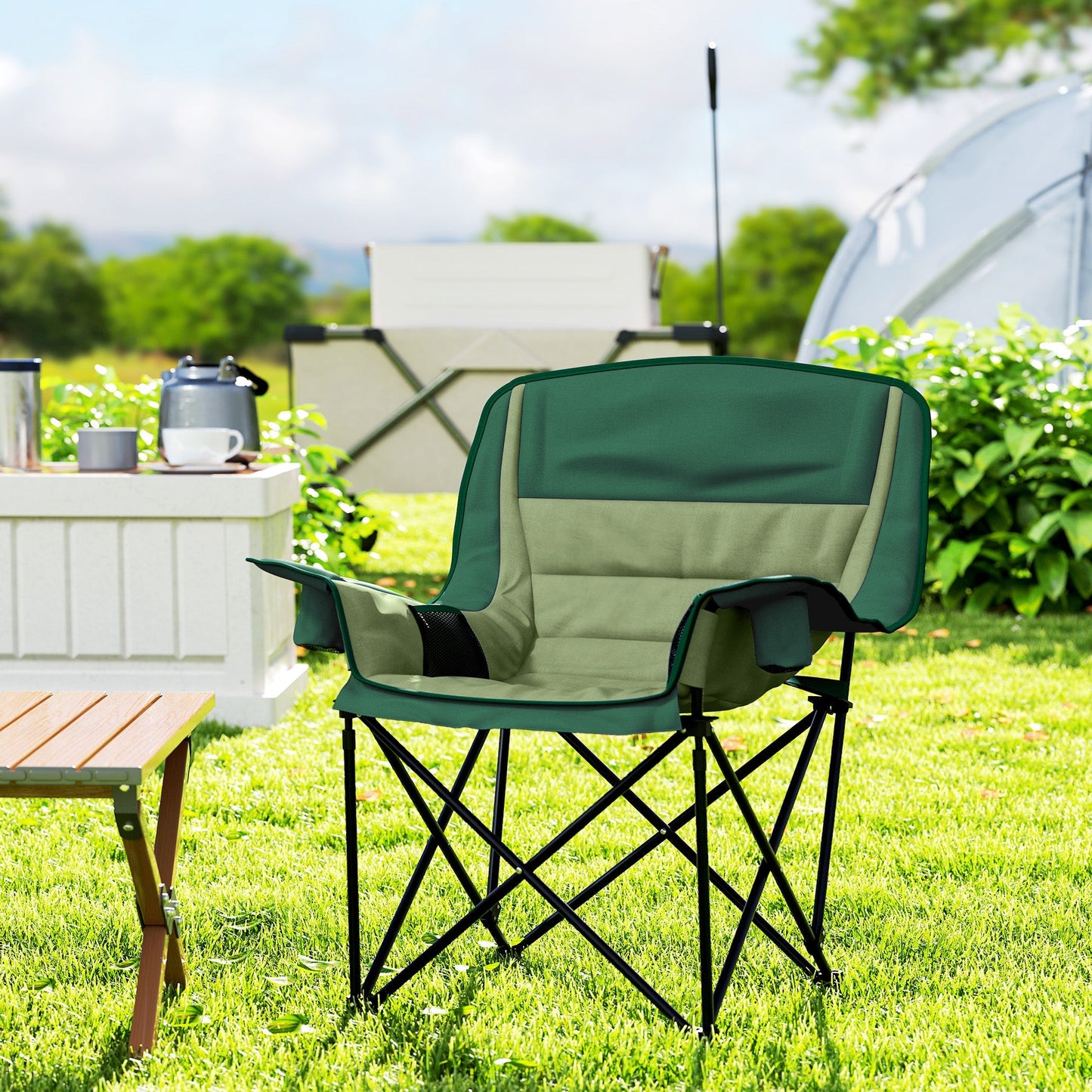 Outsunny Portable Padded Camping Chair, with Bag - Olive Green