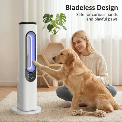 HOMCOM Bladeless Tower Fan for Bedroom, 35dB Standing Cooling Fan with Oscillating, LED Lights, 3 Speeds, 15H Timer, White