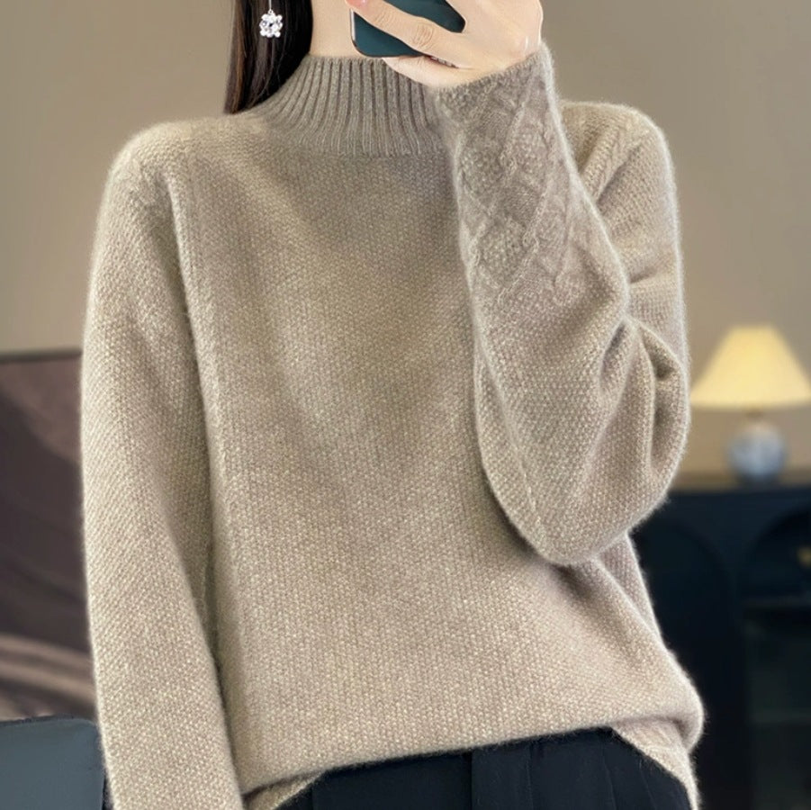 Retro Jacquard Knitted HalfHigh Neck Base Sweater Loose Effortless Base Top