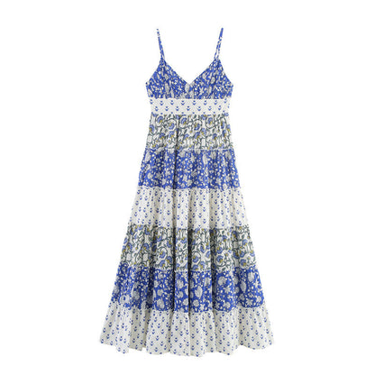 Summer Bow Patchwork Printed Layered Splicing Sling Dress