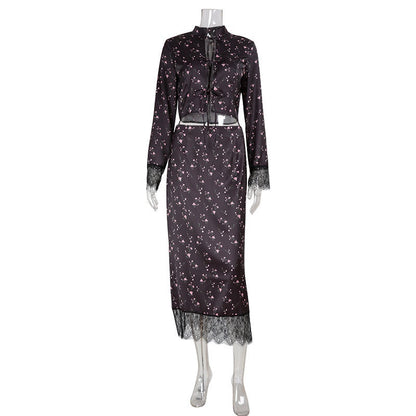 Women's Fashionable Printed Long-Sleeve Lace-Patchwork Skirt Set