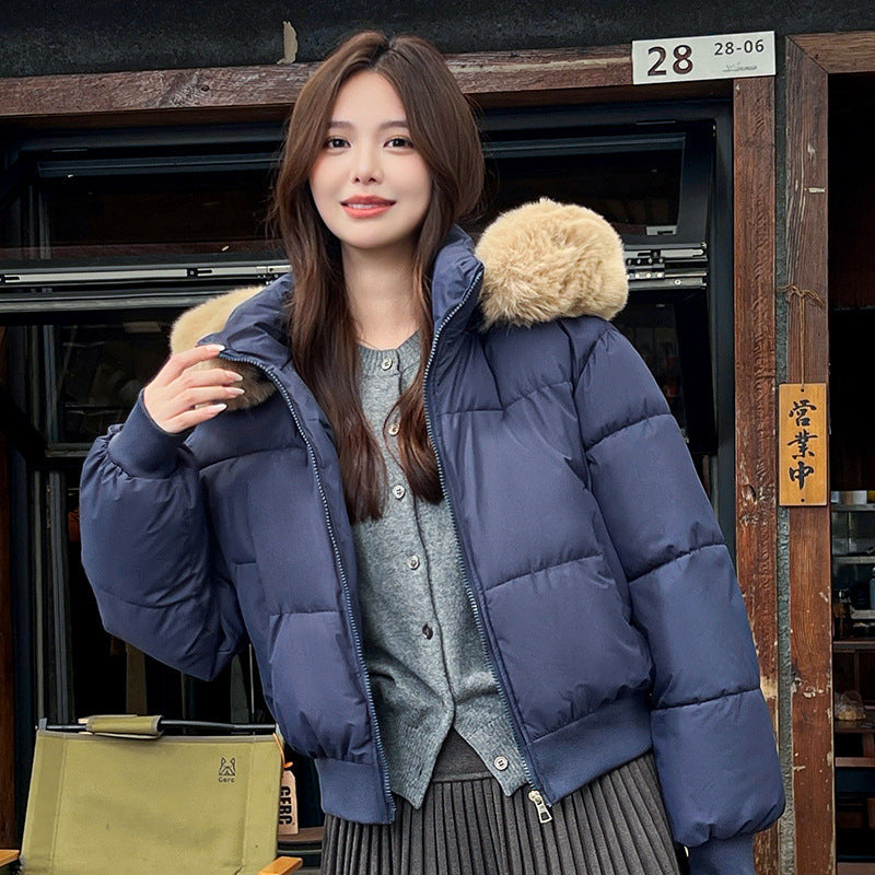 Hooded Large Fur Collar Cotton Short Padded Jacket
