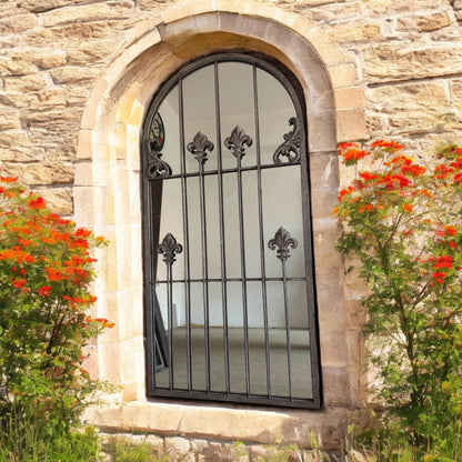AcaciaHome Stylish 120CM Framed Arched/Rectangle Wall Mirror - Textured Cast Iron Frame with Mid-Century Modern Flair for Entryways, Dressing Rooms, Guestrooms, or Living Spaces (Floral Arched)
