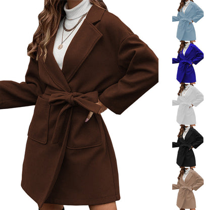 Minimalist Long Sleeve Lapel Button Split Belt Coat