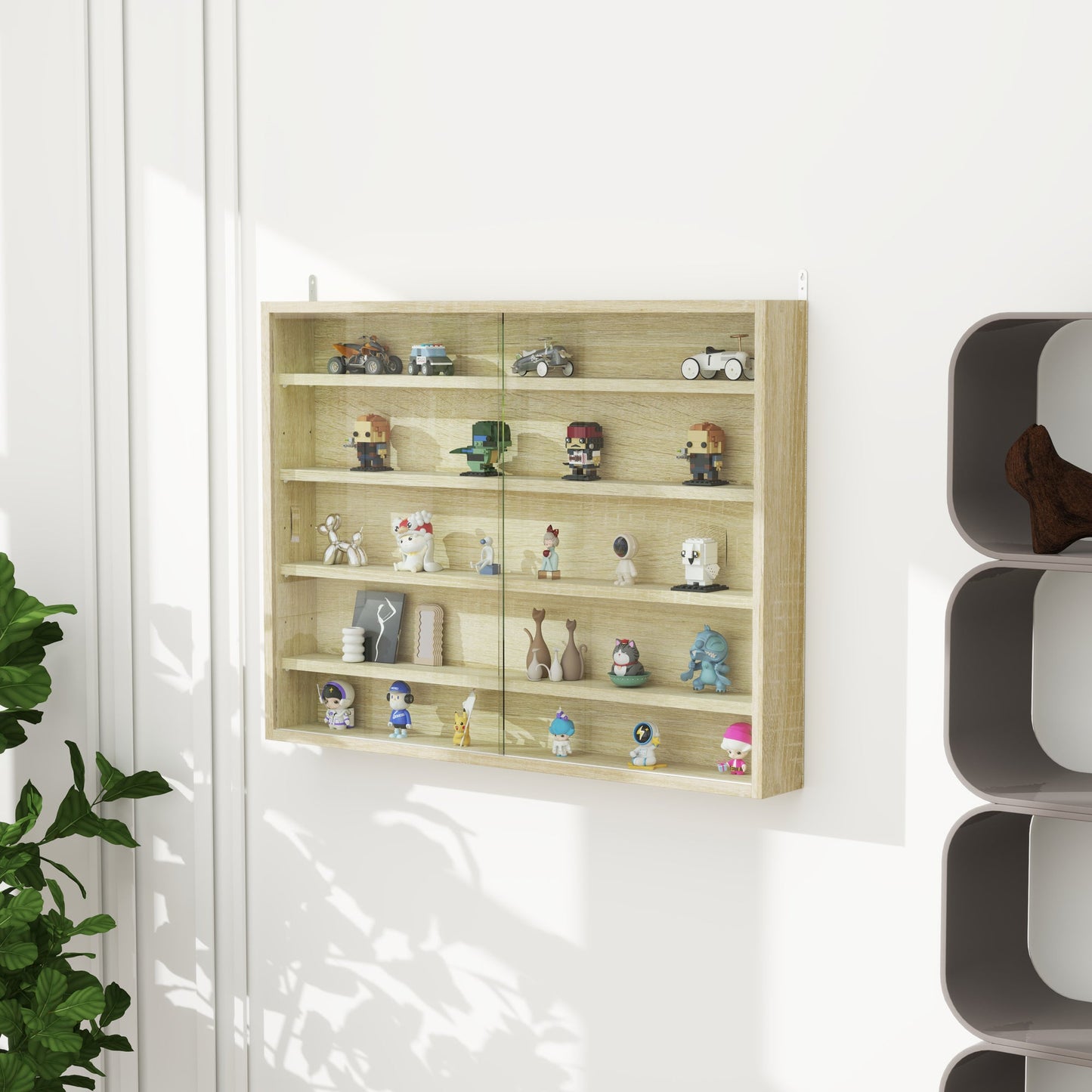 HOMCOM 5-Tier Wall Display Shelf Unit Cabinet w/ 4 Adjustable Shelves Glass Doors Home Office Ornaments 60x80cm Oak