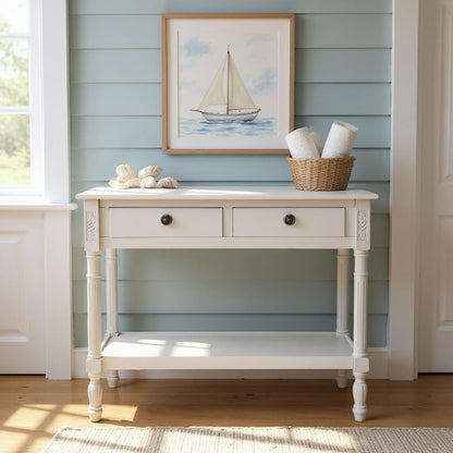 Modern and Stylish 2 Drawer Rectangular Console Table - Medium Wood Tone Finish for Sleek Hallway Side Table with Knob Handle Drawers for Home, Office, Bedrooms, or Living Spaces (Moonstruck Grey)