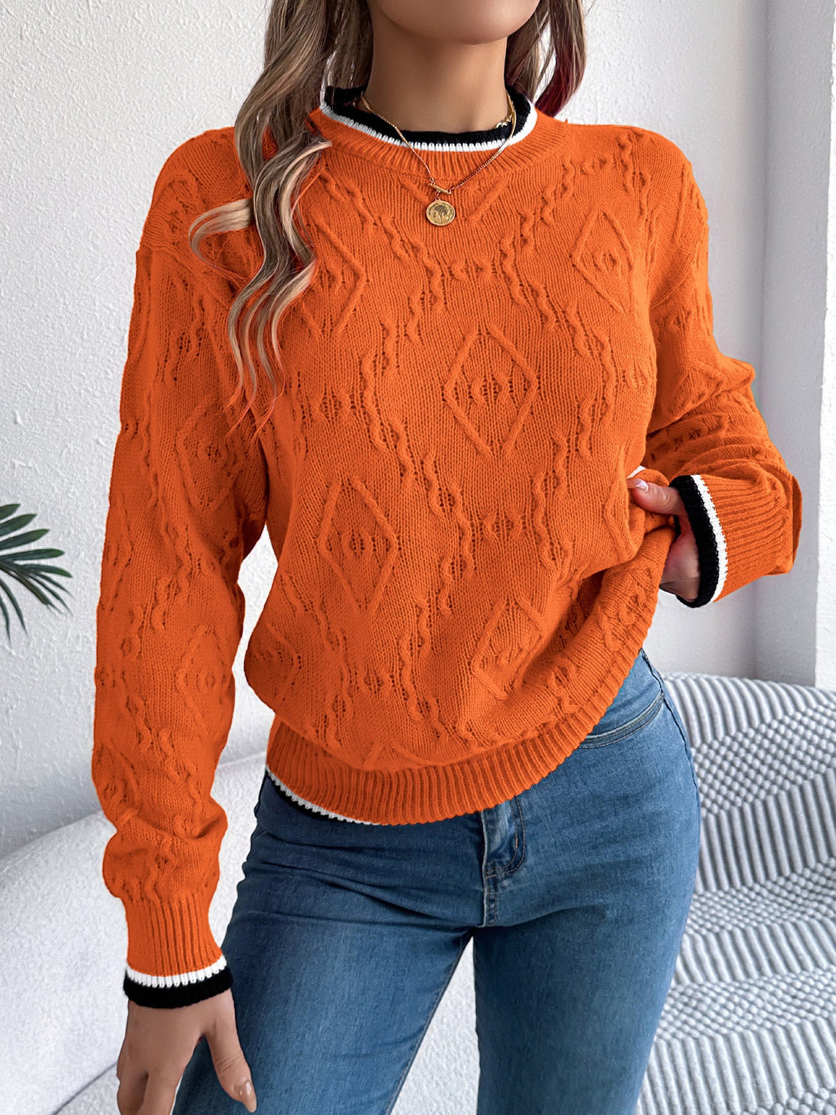 Women Casual Color Block Cable Knit Long Sleeve Pullover Sweater