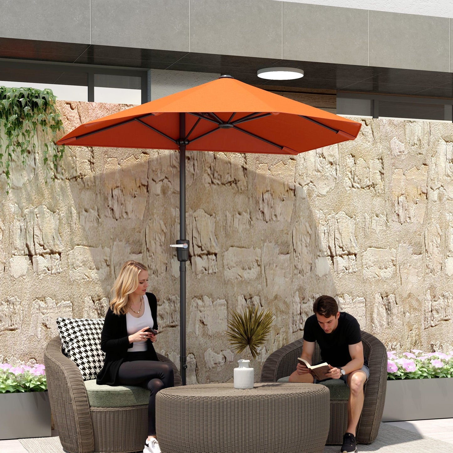 Outsunny 2m Half Parasol Market Umbrella Garden Balcony Parasol with Crank Handle, Cross Base, Double-Sided Canopy, Orange