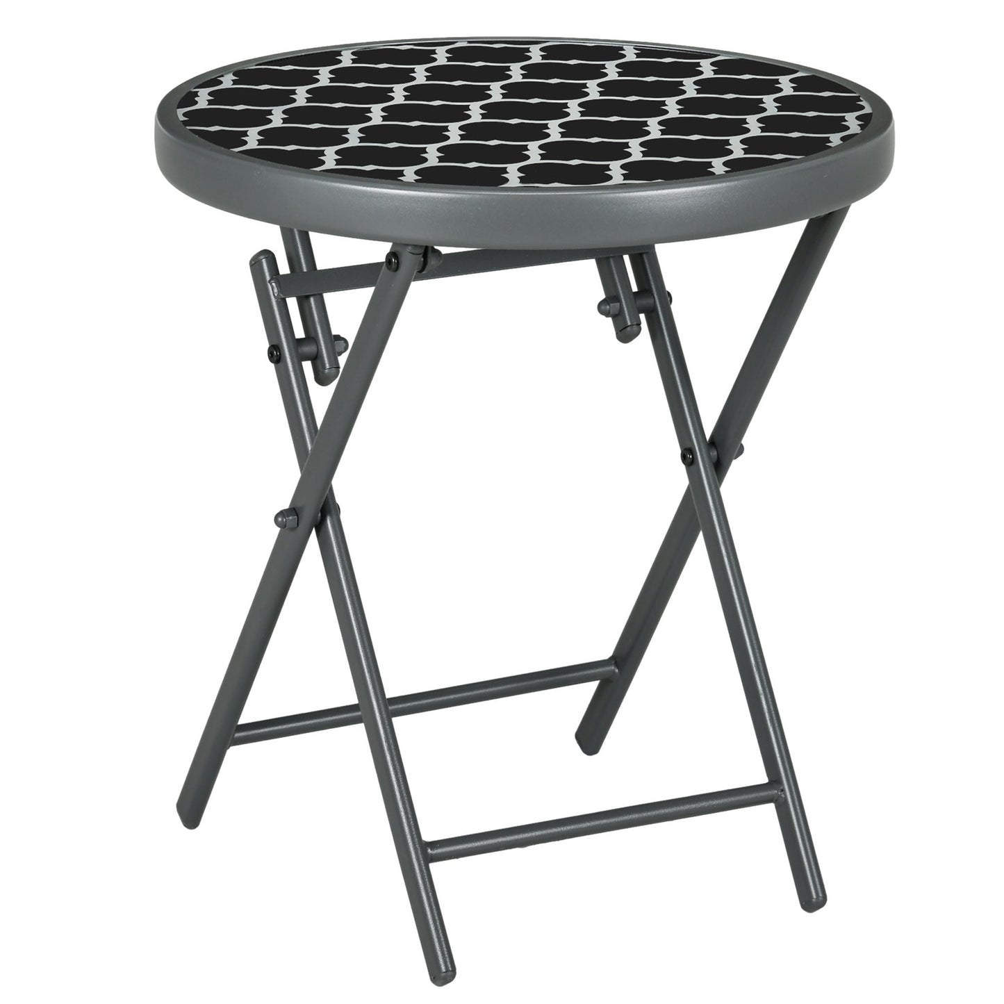 Outsunny \'ce\'a645cm Garden Side Table, Outdoor Round Folding Patio Table with Imitation Marble Glass Top, Small Coffee Table, Black and White