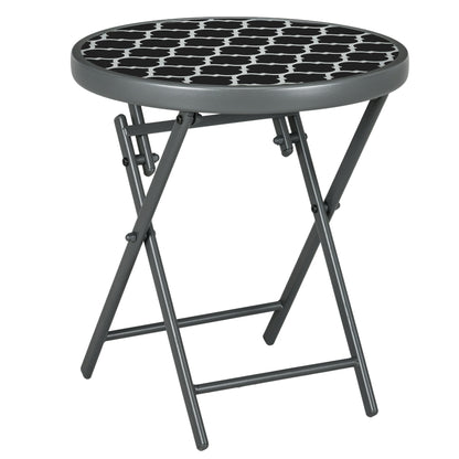 Outsunny \'ce\'a645cm Garden Side Table, Outdoor Round Folding Patio Table with Imitation Marble Glass Top, Small Coffee Table, Black and White