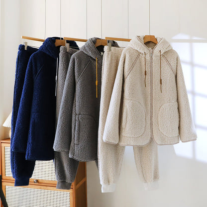 Corduroy Solid Color Casual Loose Fitting Set Flannel Hooded Padded Loungewear