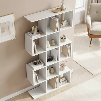 HOMCOM 5-Tier Bookshelf, S Shaped Geometric Bookcase with 15 Compartments, White Wood Effect