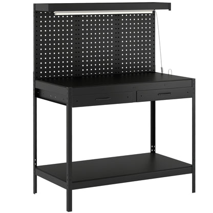 HOMCOM 110 cm Workbench with Pegboard, Heavy Duty Work Table with Power Strip and LED Light, Black