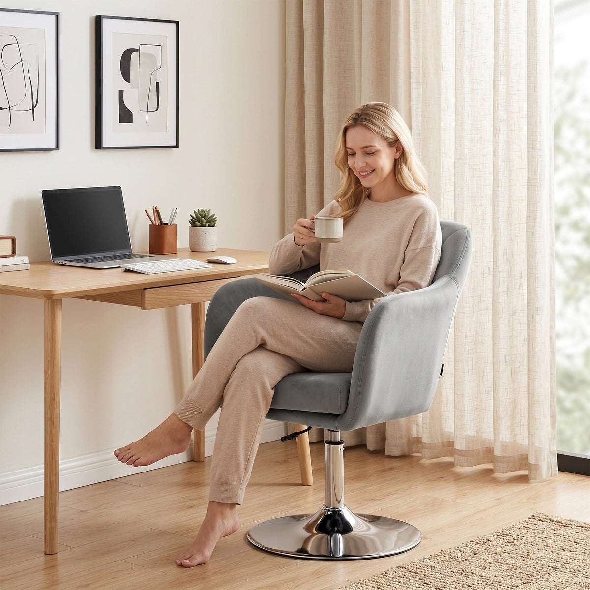 HOMCOM Retro Velvet Swivel Tub Chair with Steel Frame, Cushion Seat, Grey