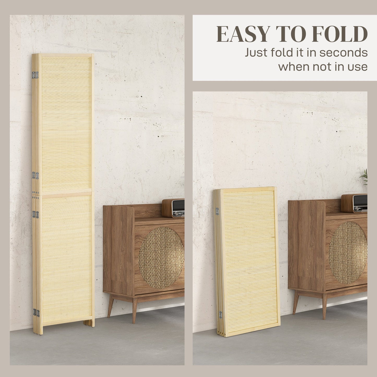 HOMCOM Room Divider, Freestanding Privacy Screen, 4 Panel Folding, 180 x 180cm, Natural
