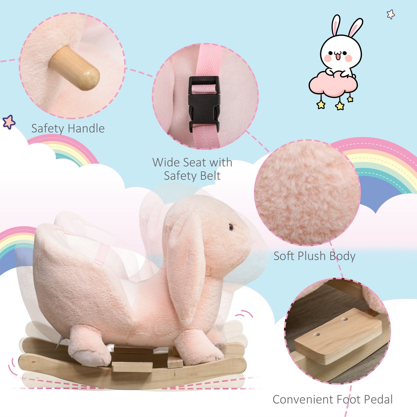 HOMCOM Kids Children Rocking Horse Plush Ride On Rabbit Seat w/ Sound Wood Base Seat Safety Belt Toddler Baby Toy Rocker Pink 18 - 36 Months