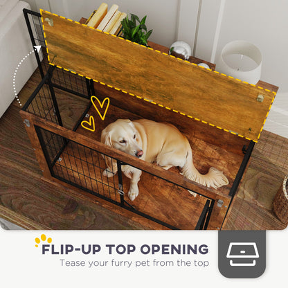 PawHut Dog Crate Furniture with Flip-up Top, 2 Doors, for Large Dogs, 98 x 60 x 65.5cm, Rustic Brown